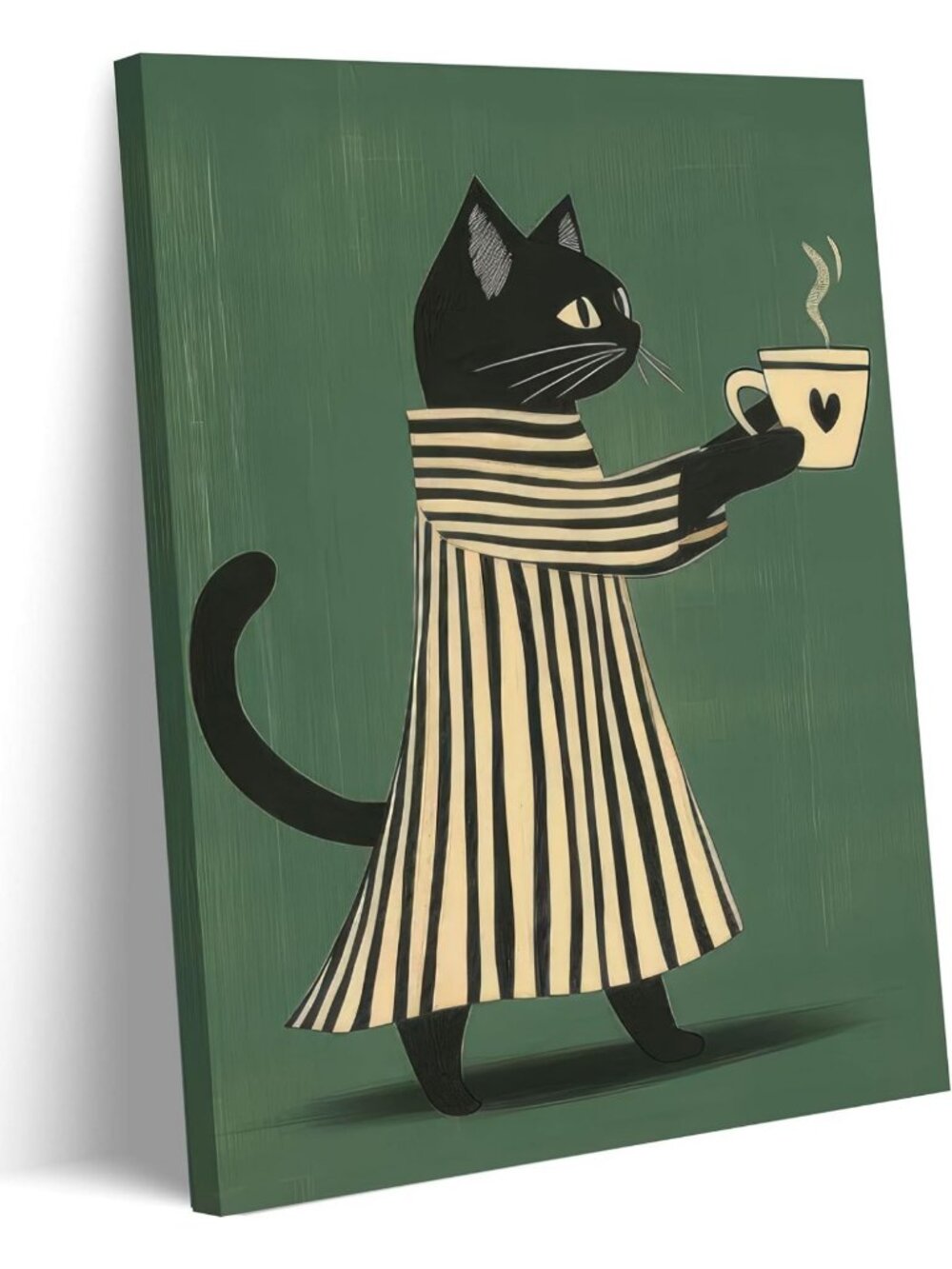 Black Cat Coffee Canvas Wall Art - Green 12x16in, Cute Home Decor for Cat Lovers